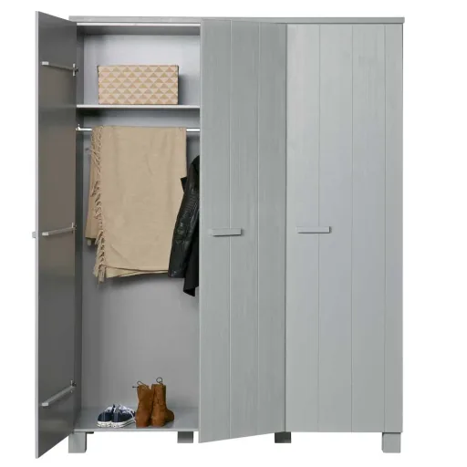 WOOOD - Schrank Dennis, 3-türig, Kiefer, 202x158x55 cm, Betongrau