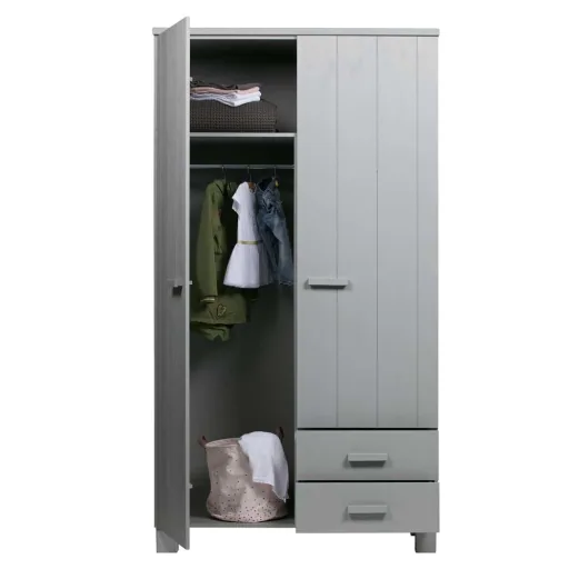 WOOOD - Schrank Dennis, 2-türig, Kiefer, 202x111x55 cm, betongrau