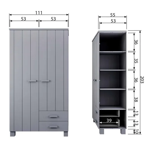 WOOOD - Schrank Dennis, 2-türig, Kiefer, 202x111x55 cm, betongrau
