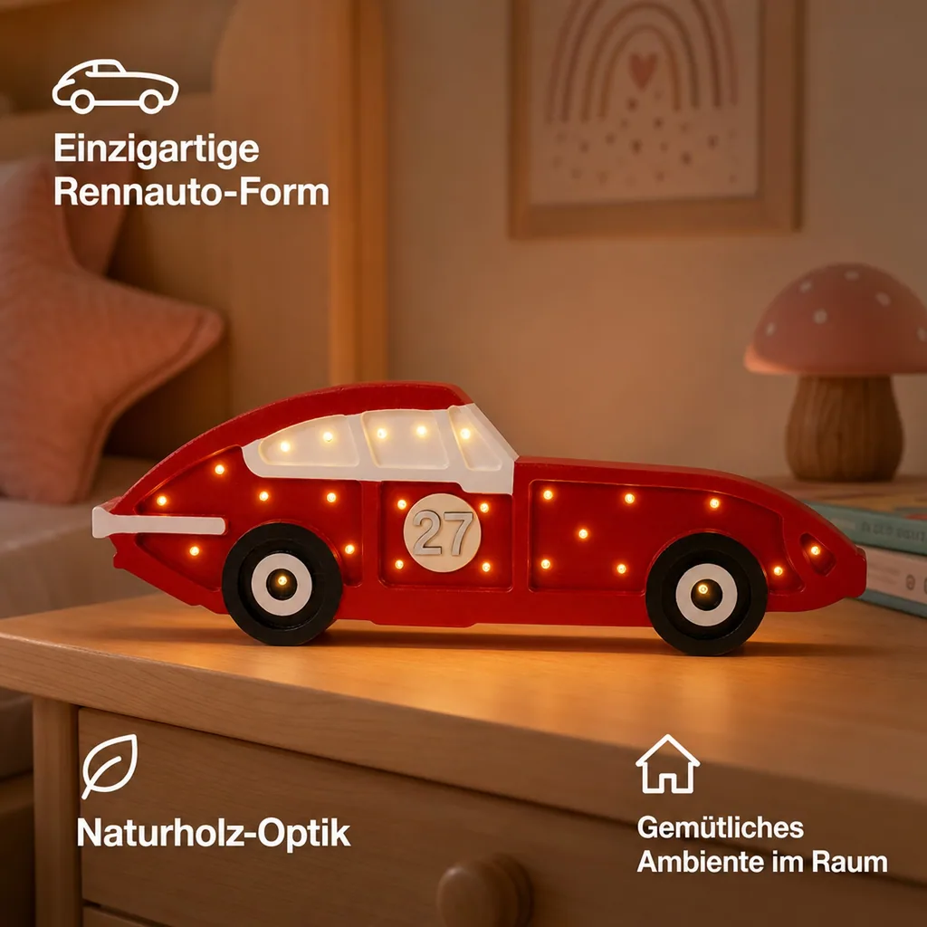 Little Lights Nachtlicht Kinder, Nachtlampe Rennauto - 100% Kiefernholz natur, Farbe: Frecciarossa