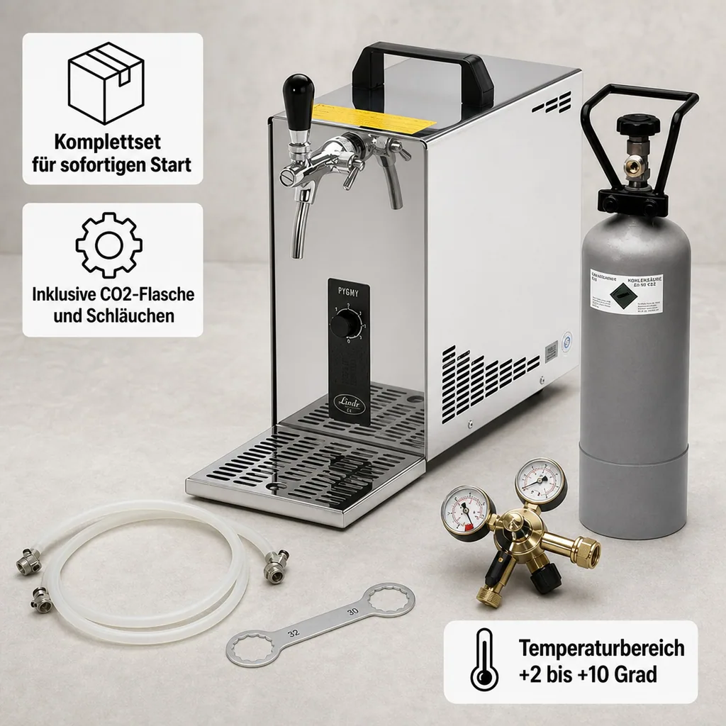 Komplett Set - Zapfanlage, Bierzapfanlage, Bierkoffer, Durchlaufkühler PYGMY 25 LE, 1-leitig Trockenkühler, 30 Liter/h, Green Line