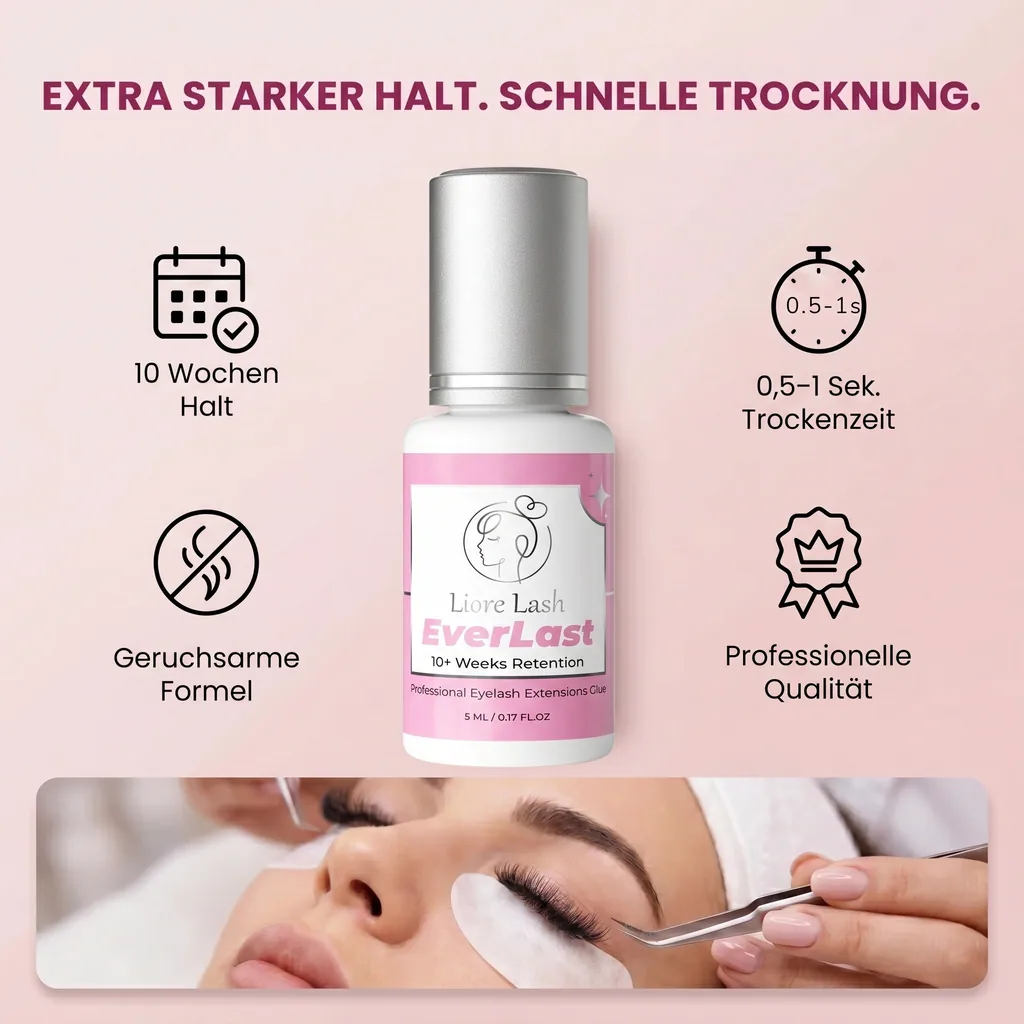 Extra starker Wimpernverlängerungs-Kleber Liore Lash – 0,5–1 Sek. Schnelltrocknend Lash-Kleber, Bis zu 10 Wochen Haltbarkeit, Schwarzer Profi-Kleber für Classic & Volume Wimpern, 5 ml
