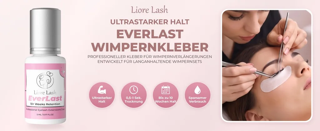 Extra starker Wimpernverlängerungs-Kleber Liore Lash – 0,5–1 Sek. Schnelltrocknend Lash-Kleber, Bis zu 10 Wochen Haltbarkeit, Schwarzer Profi-Kleber für Classic & Volume Wimpern, 5 ml