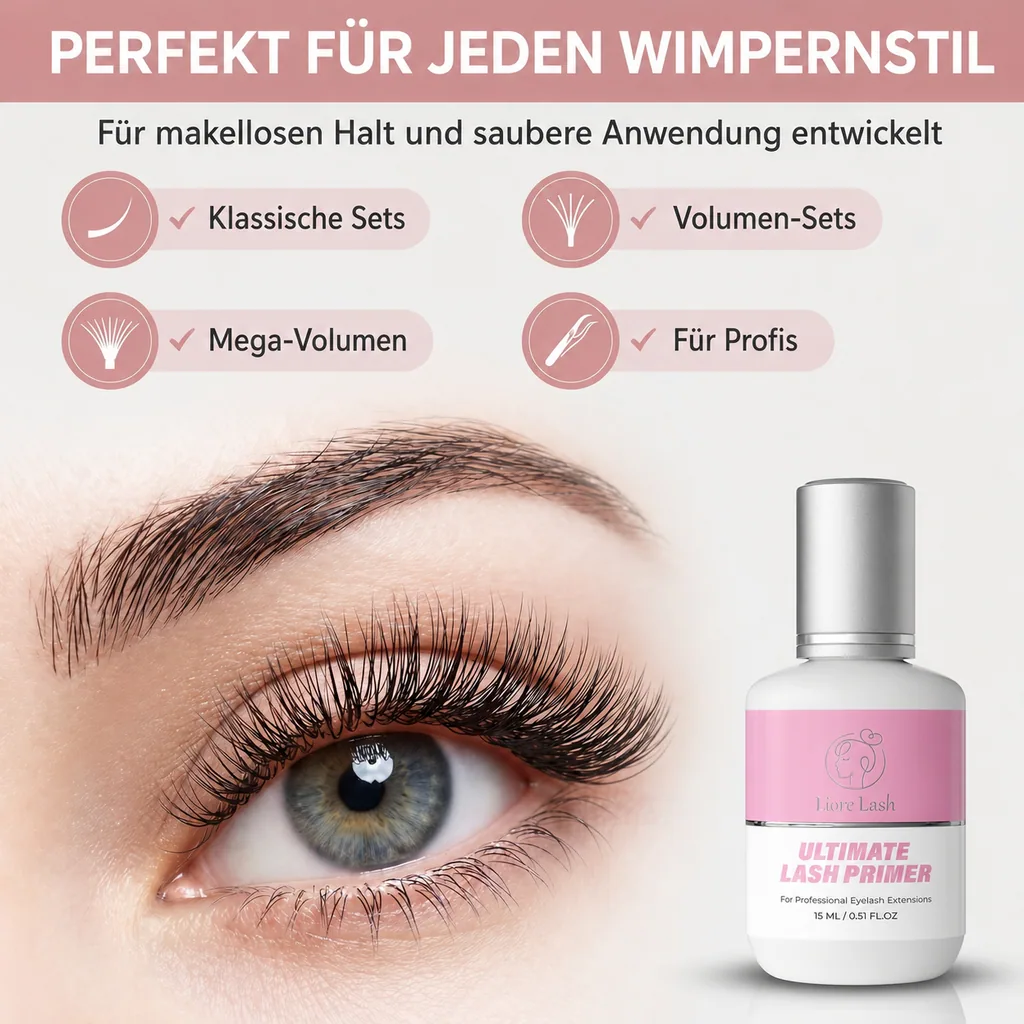 Wimpernverlängerungs-Primer – Liore Lash Profi-Wimpern-Vorbereitung, Bis zu 35 % längere Haltbarkeit, Entfernt Öle & Rückstände, Vorbehandlung für Wimpernverlängerungen, 15 ml