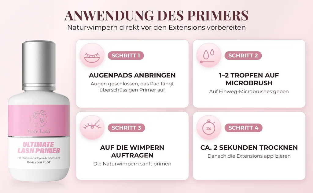 Wimpernverlängerungs-Primer – Liore Lash Profi-Wimpern-Vorbereitung, Bis zu 35 % längere Haltbarkeit, Entfernt Öle & Rückstände, Vorbehandlung für Wimpernverlängerungen, 15 ml