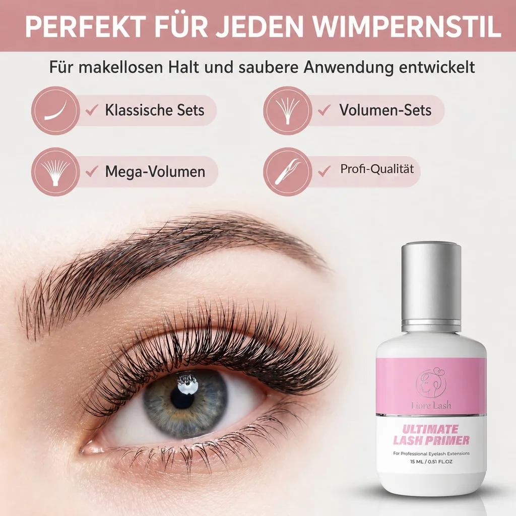 Wimpernverlängerungs-Primer – Liore Lash Profi-Wimpern-Vorbereitung, Bis zu 35 % längere Haltbarkeit, Entfernt Öle & Rückstände, Vorbehandlung für Wimpernverlängerungen, 15 ml