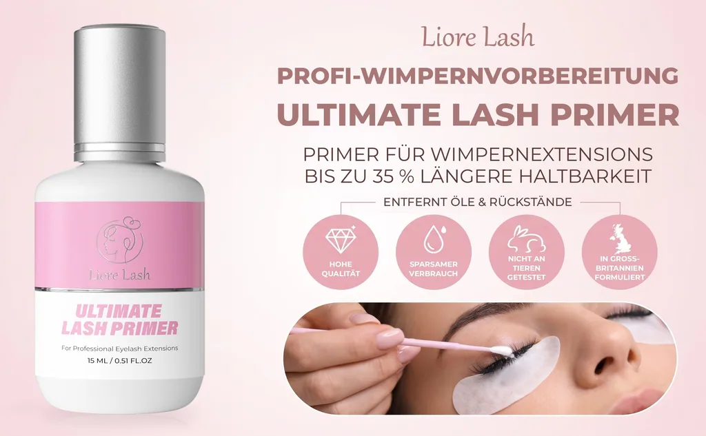 Wimpernverlängerungs-Primer – Liore Lash Profi-Wimpern-Vorbereitung, Bis zu 35 % längere Haltbarkeit, Entfernt Öle & Rückstände, Vorbehandlung für Wimpernverlängerungen, 15 ml