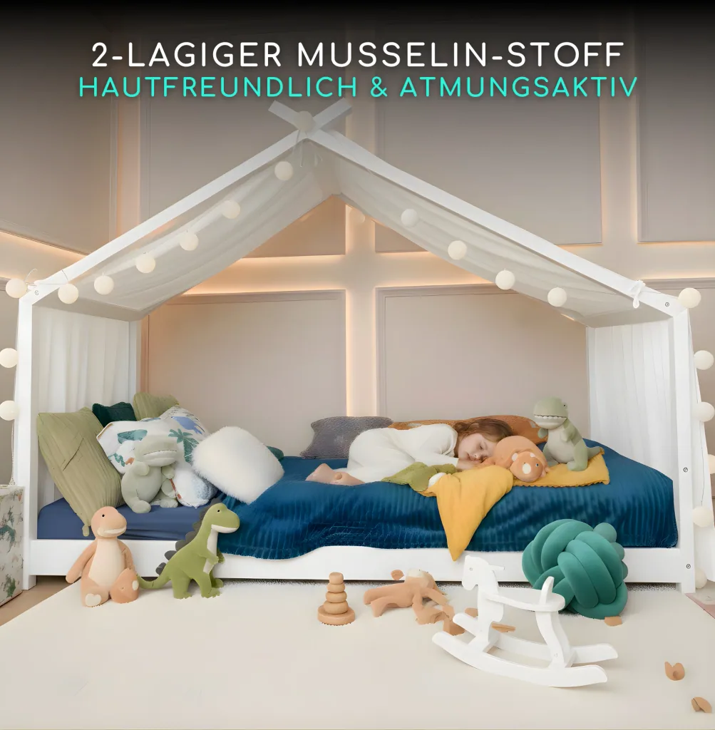 Alavya Home 3 tlg.Kinder-Betthimmel Moon Kinderzimmer Deko-Set 110x360 cm Musselin Baldachin Bio-Baumwolle 100% GOTS-zertifizierter mit 2x LED-Baumwoll-Lichterkette für Hausbett Kinderbett Montessori Farbe: Weiß