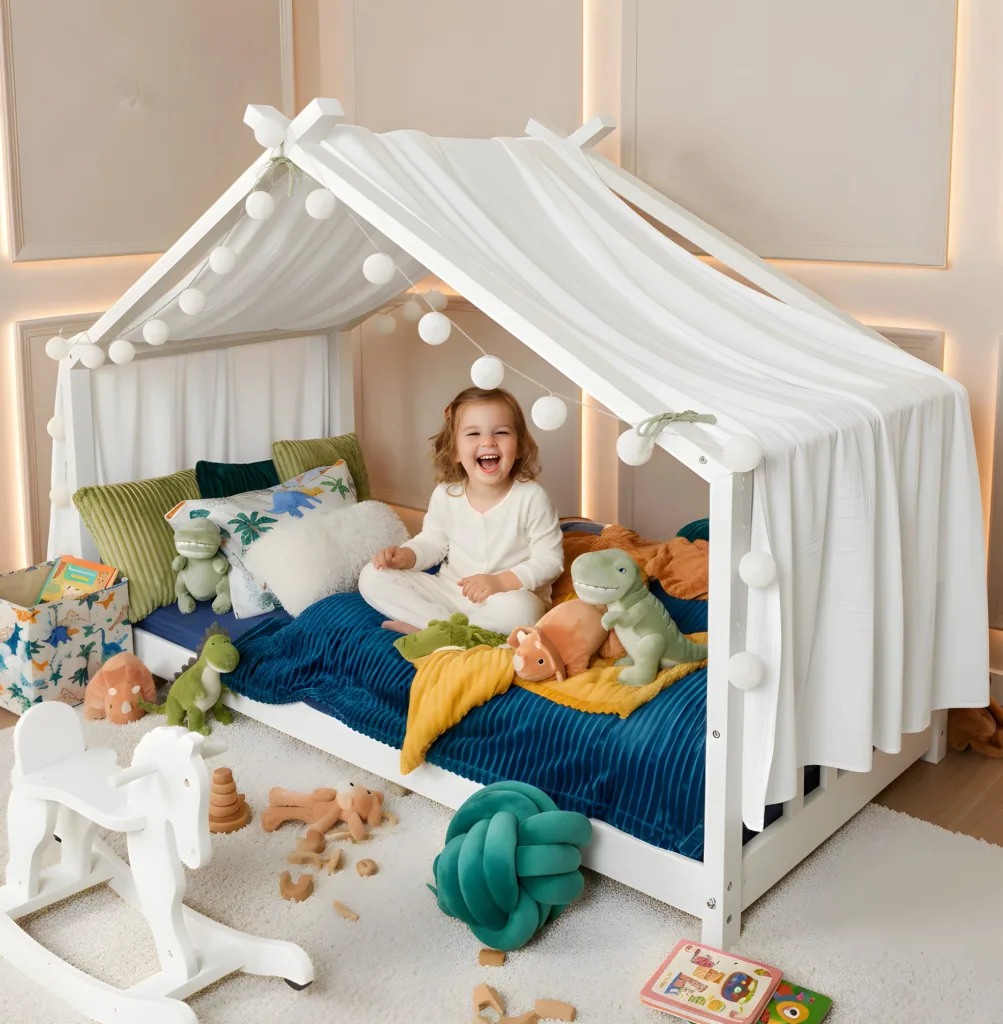 Alavya Home 3 tlg.Kinder-Betthimmel Moon Kinderzimmer Deko-Set 110x360 cm Musselin Baldachin Bio-Baumwolle 100% GOTS-zertifizierter mit 2x LED-Baumwoll-Lichterkette für Hausbett Kinderbett Montessori Farbe: Weiß