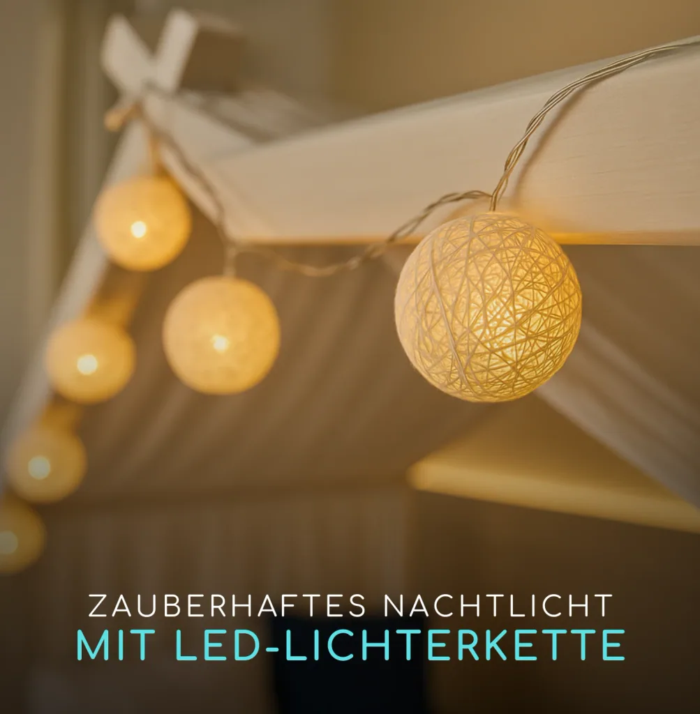 Alavya Home 3 tlg.Kinder-Betthimmel Moon Kinderzimmer Deko-Set 110x360 cm Musselin Baldachin Bio-Baumwolle 100% GOTS-zertifizierter mit 2x LED-Baumwoll-Lichterkette für Hausbett Kinderbett Montessori Farbe: Weiß