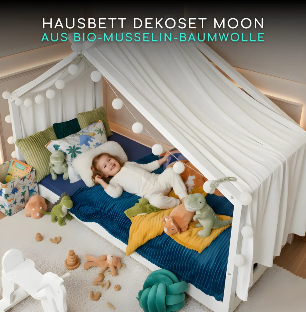 Alavya Home 3 tlg.Kinder-Betthimmel Moon Kinderzimmer Deko-Set 110x360 cm Musselin Baldachin Bio-Baumwolle 100% GOTS-zertifizierter mit 2x LED-Baumwoll-Lichterkette für Hausbett Kinderbett Montessori Farbe: Weiß