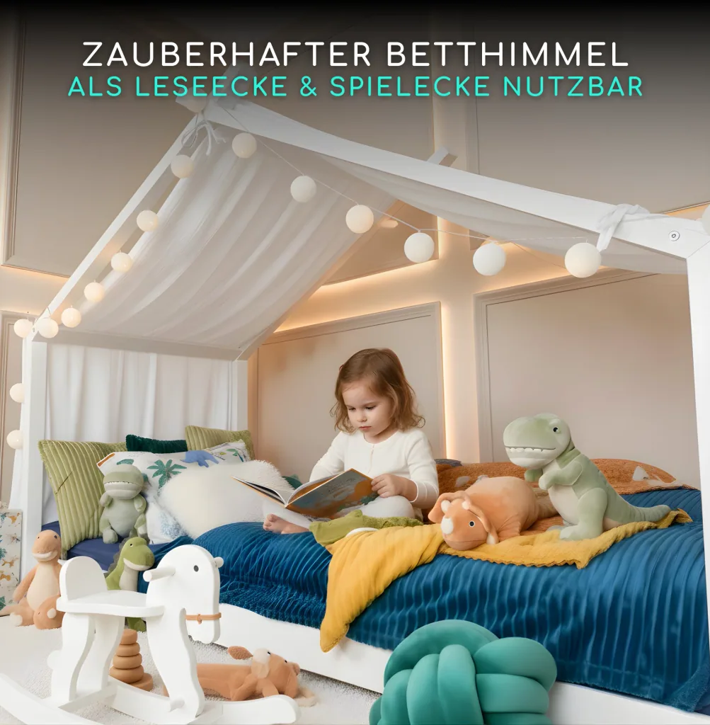 Alavya Home 3 tlg.Kinder-Betthimmel Moon Kinderzimmer Deko-Set 110x360 cm Musselin Baldachin Bio-Baumwolle 100% GOTS-zertifizierter mit 2x LED-Baumwoll-Lichterkette für Hausbett Kinderbett Montessori Farbe: Weiß
