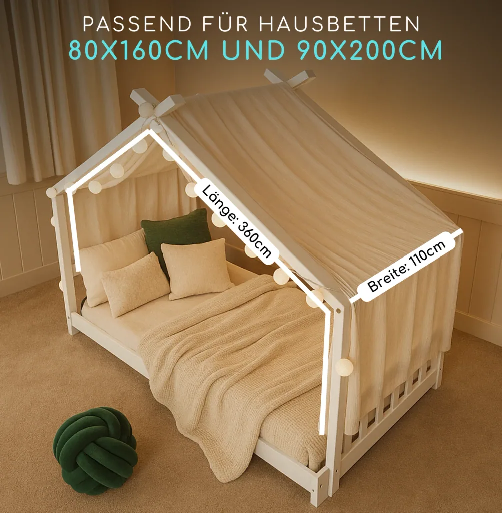 Alavya Home 3 tlg.Kinder-Betthimmel Moon Kinderzimmer Deko-Set 110x360 cm Musselin Baldachin Bio-Baumwolle 100% GOTS-zertifizierter mit 2x LED-Baumwoll-Lichterkette für Hausbett Kinderbett Montessori Farbe: Weiß
