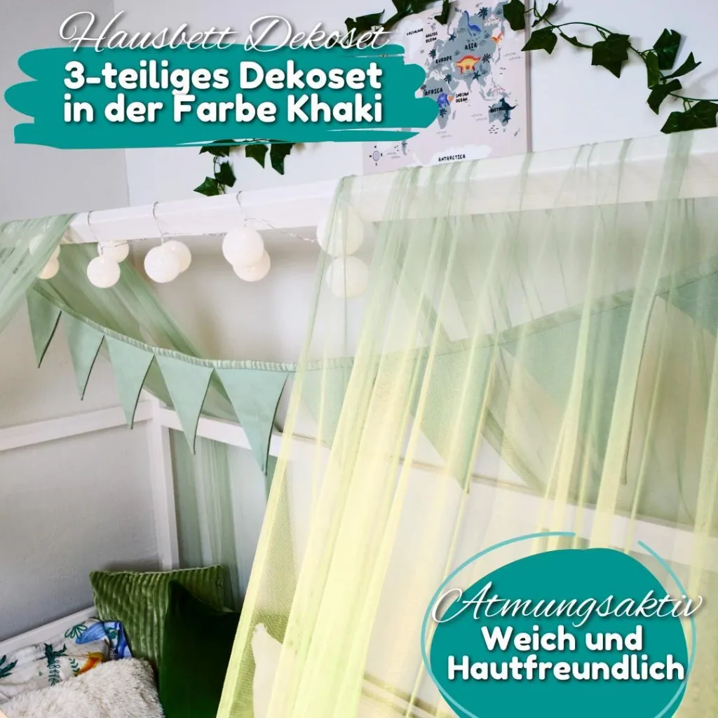 Alavya Home Hausbett Deko-Set 150x350 cm, 3-teilig: 2 Betthimmel + Wimpelkette, Khaki (ohne Lichterkette)