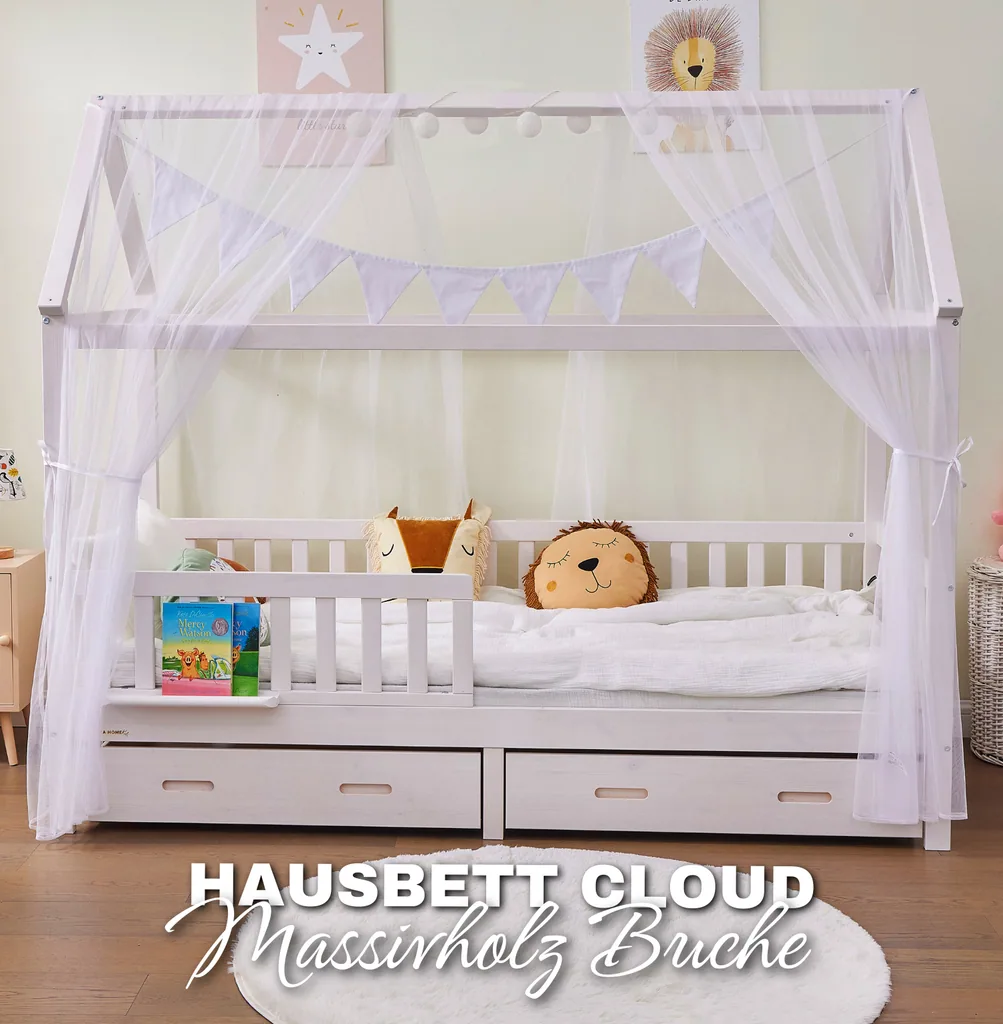 Alavya Home Hausbett CLOUD 90 x 200 cm Komplett-Set – Polyester Dekoset Weiß + Schublade 90 x 200 cm + Kindermatratze COZY 90 x 200 cm (Kaltschaum)