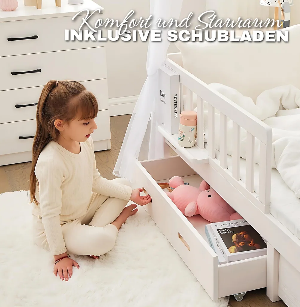 Alavya Home Hausbett CLOUD 90 x 200 cm Komplett-Set – Polyester Dekoset Weiß + Schublade 90 x 200 cm + Kindermatratze COZY 90 x 200 cm (Kaltschaum)