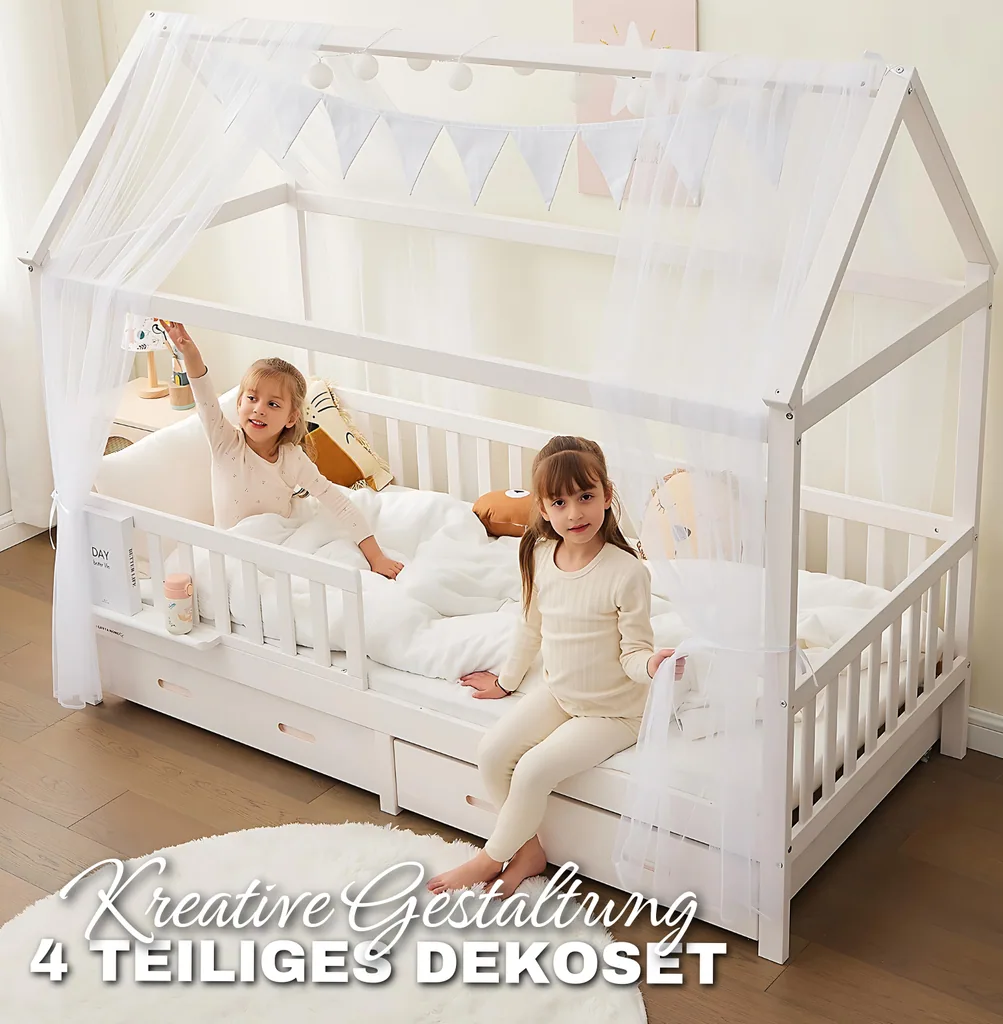 Alavya Home Hausbett CLOUD 90 x 200 cm Komplett-Set – Polyester Dekoset Weiß + Schublade 90 x 200 cm + Kindermatratze COZY 90 x 200 cm (Kaltschaum)