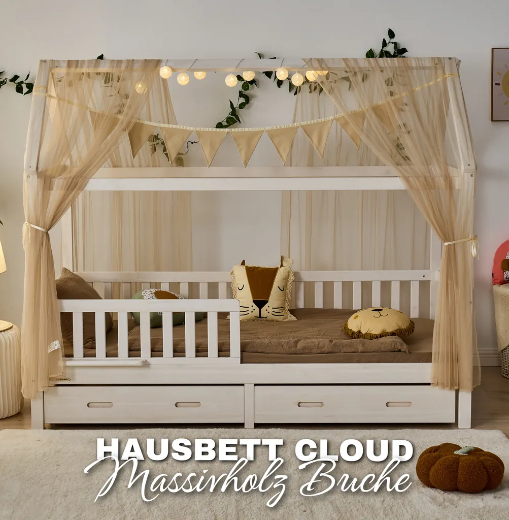 Alavya Home Hausbett CLOUD 90 x 200 cm Komplett-Set – Polyester Dekoset Beige + Schublade 90 x 200 cm + Kindermatratze COZY 90 x 200 cm (Kaltschaum)