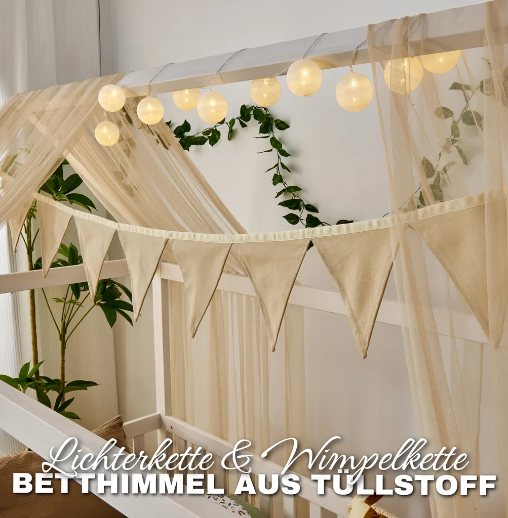 Alavya Home Hausbett CLOUD 90 x 200 cm Komplett-Set – Polyester Dekoset Beige + Schublade 90 x 200 cm + Kindermatratze COZY 90 x 200 cm (Kaltschaum)