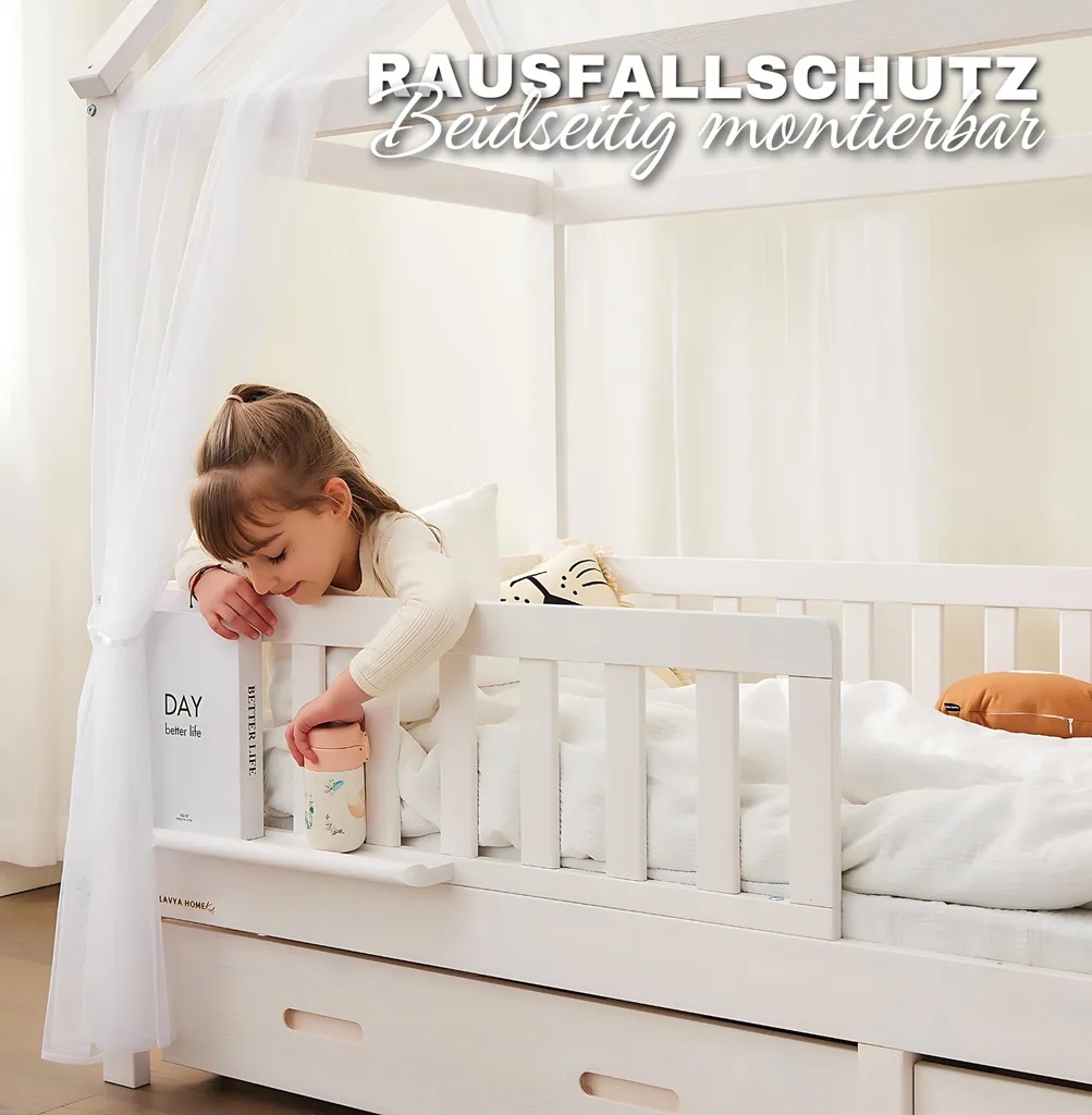 Alavya Home Hausbett CLOUD 90 x 200 cm Komplett-Set – Polyester Dekoset Beige + Schublade 90 x 200 cm + Kindermatratze COZY 90 x 200 cm (Kaltschaum)