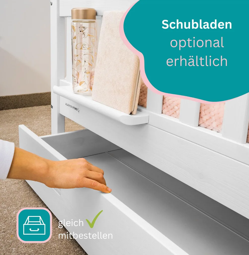 Alavya Home Hausbett CLOUD 90 x 200 cm Komplett-Set – Musselin Dekoset Khaki + Schublade 90 x 200 cm + Kindermatratze COZY 90 x 200 cm (Kaltschaum)