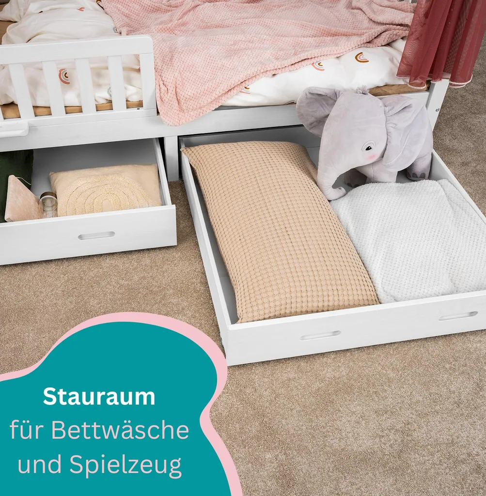 Alavya Home Hausbett CLOUD 90 x 200 cm Komplett-Set – Musselin Dekoset Khaki + Schublade 90 x 200 cm + Kindermatratze COZY 90 x 200 cm (Kaltschaum)