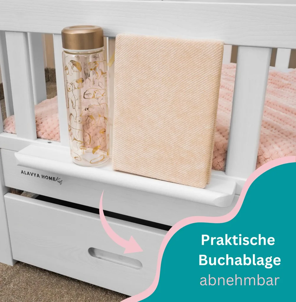 Alavya Home Hausbett CLOUD 90 x 200 cm Komplett-Set – Musselin Dekoset Weiß + Schublade 90 x 200 cm + Kindermatratze COZY 90 x 200 cm (Kaltschaum)