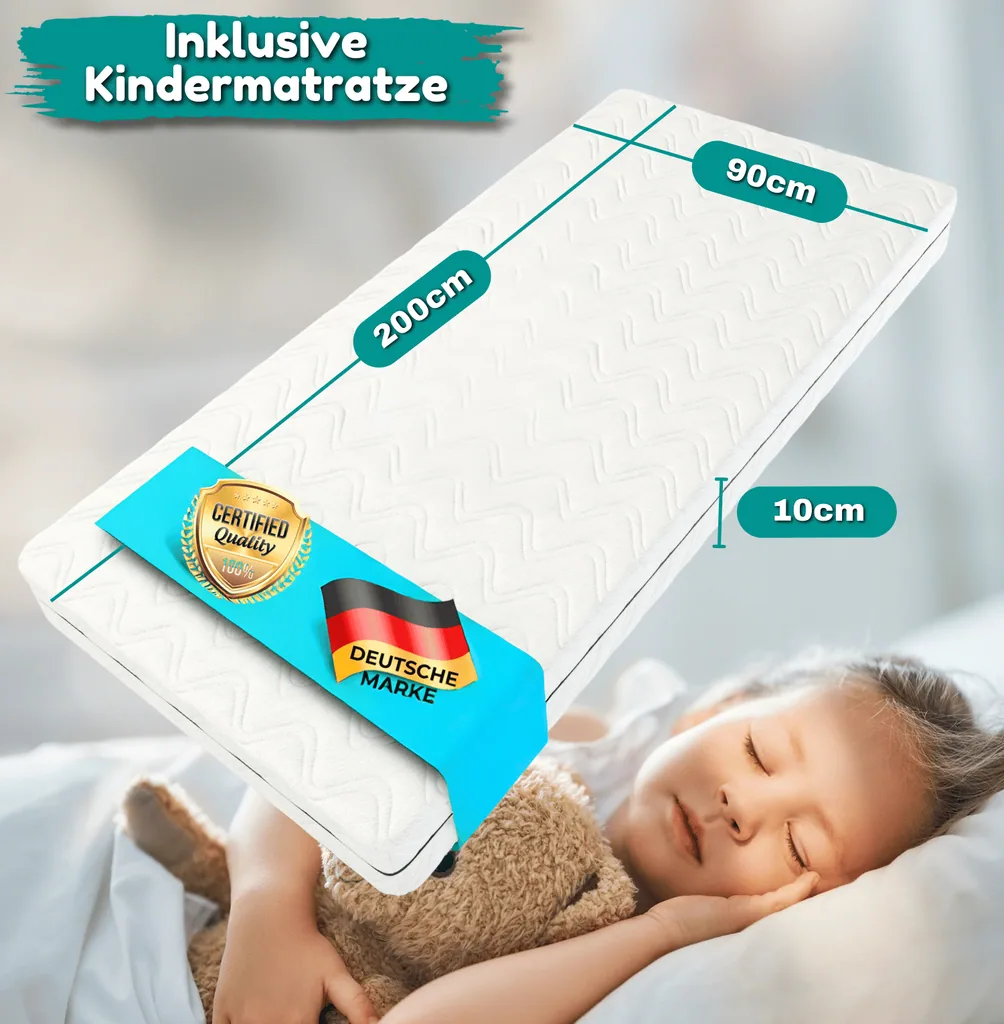 Alavya Home Hausbett CLOUD 90 x 200 cm Komplett-Set – Musselin Dekoset Rosa + Kindermatratze COZY 90 x 200 cm (Kaltschaum)