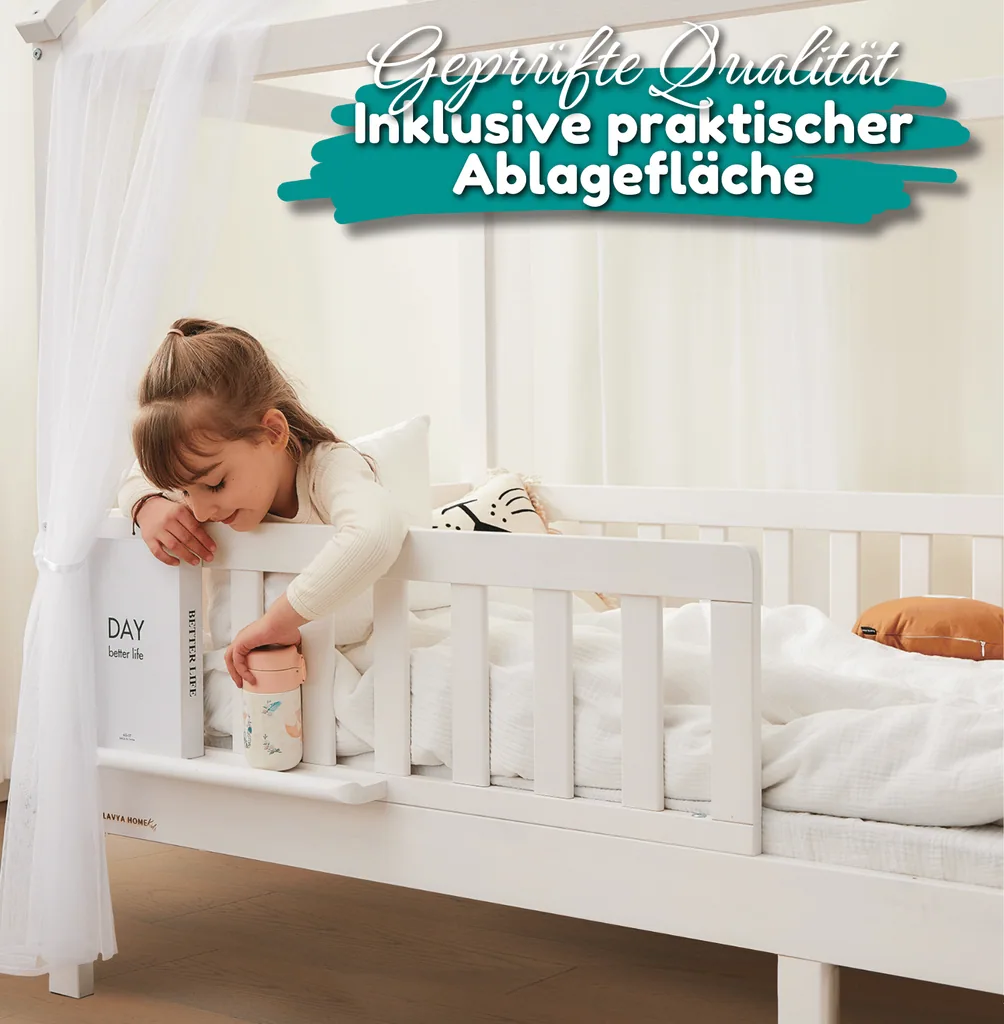 Alavya Home Hausbett CLOUD 90 x 200 cm Komplett-Set – Musselin Dekoset Rosa + Kindermatratze COZY 90 x 200 cm (Kaltschaum)