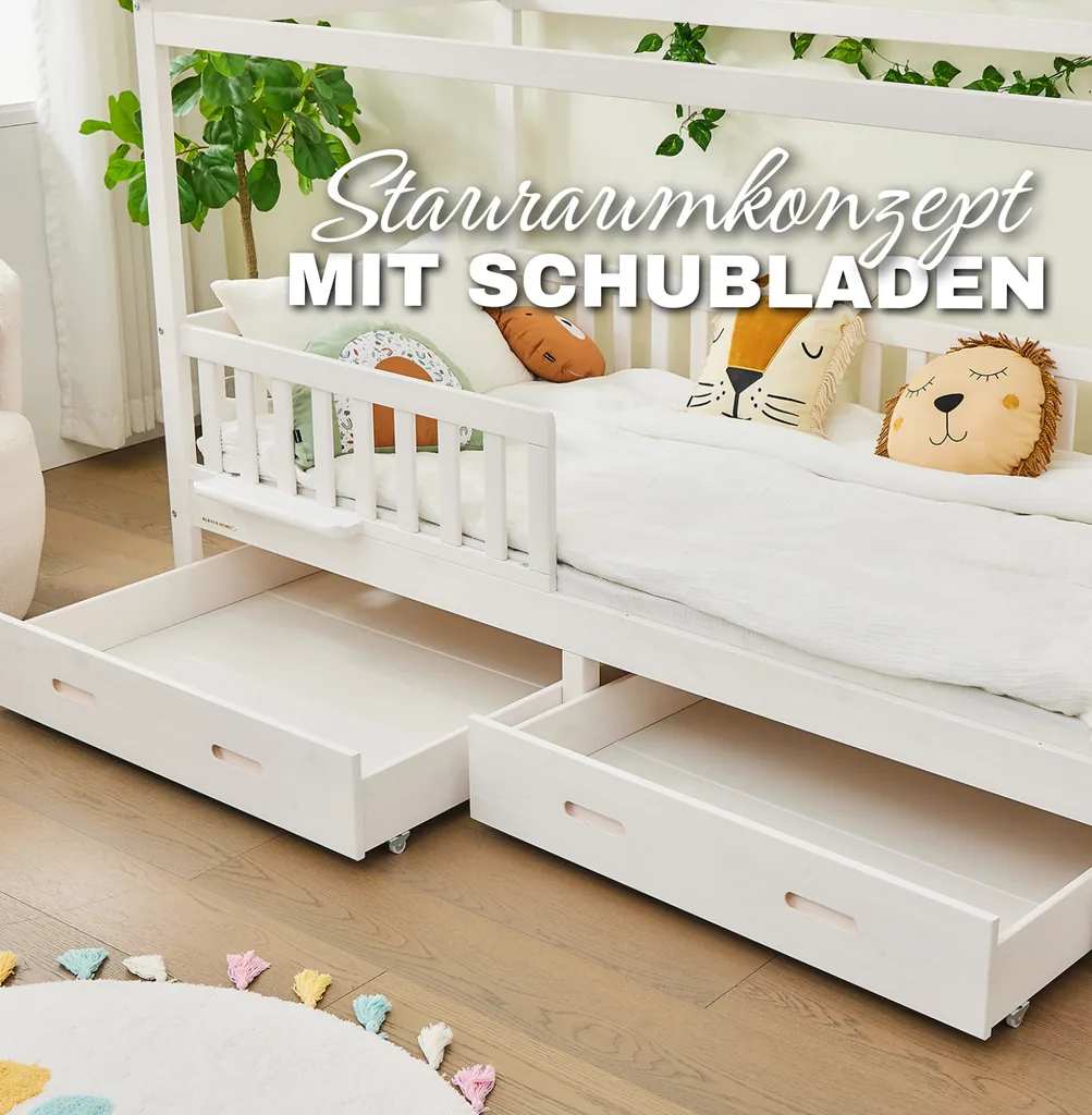 Alavya Home Hausbett CLOUD 90 x 200 cm Komplett-Set – Polyester Dekoset Khaki + Schublade 90 x 200 cm + Kindermatratze COZY 90 x 200 cm (Kaltschaum)
