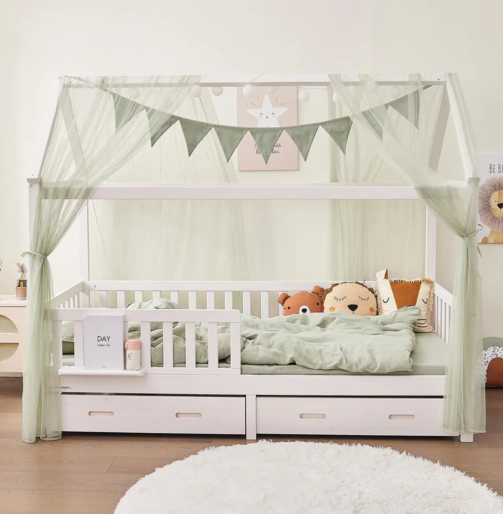 Alavya Home Hausbett CLOUD 90 x 200 cm Komplett-Set – Polyester Dekoset Khaki + Schublade 90 x 200 cm + Kindermatratze COZY 90 x 200 cm (Kaltschaum)