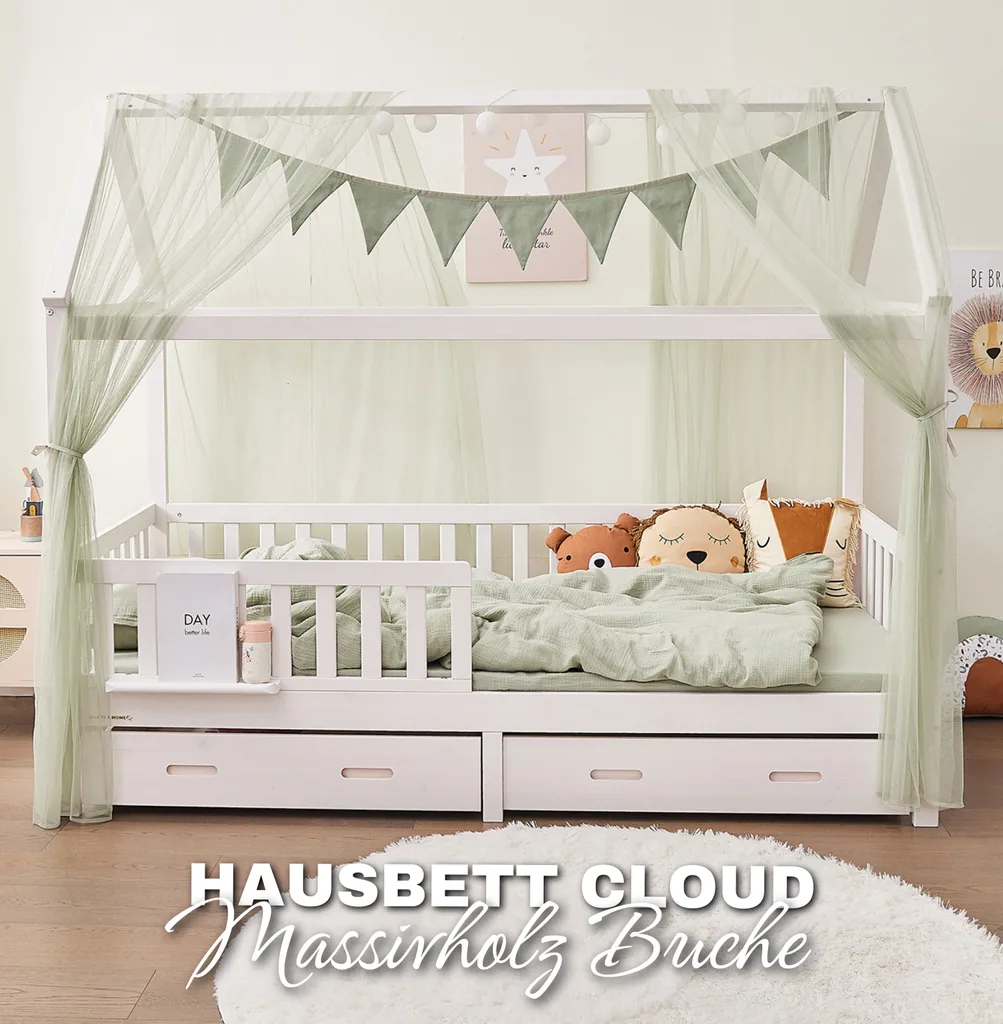Alavya Home Hausbett CLOUD 90 x 200 cm Komplett-Set – Polyester Dekoset Khaki + Schublade 90 x 200 cm + Kindermatratze COZY 90 x 200 cm (Kaltschaum)