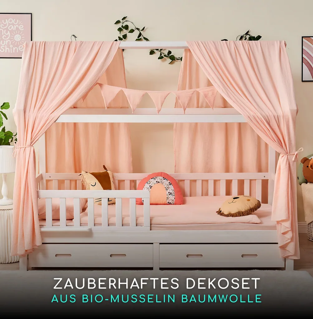 Alavya Home Hausbett CLOUD 90 x 200 cm Komplett-Set – Musselin Dekoset Rosa + Schublade 90 x 200 cm + Kindermatratze COZY 90 x 200 cm (Kaltschaum)