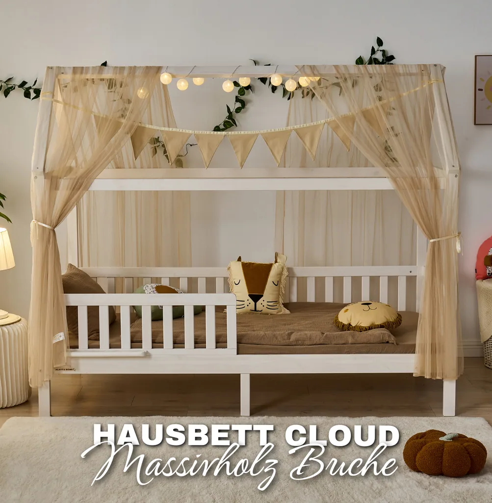 Alavya Home Hausbett CLOUD 90 x 200 cm Komplett-Set – Polyester Dekoset Beige + Kindermatratze COZY 90 x 200 cm (Kaltschaum)