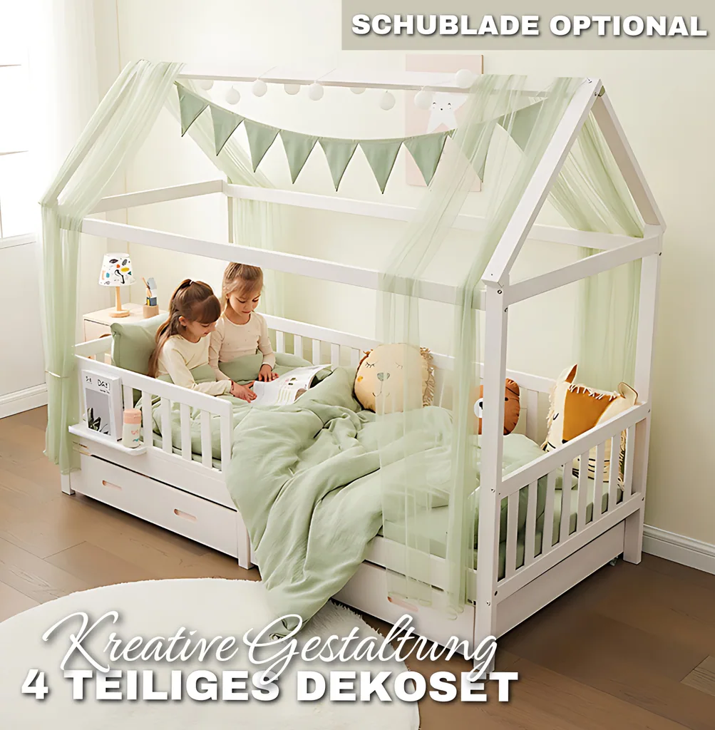 Alavya Home Hausbett CLOUD 90 x 200 cm Komplett-Set – Polyester Dekoset Khaki + Kindermatratze COZY 90 x 200 cm (Kaltschaum)