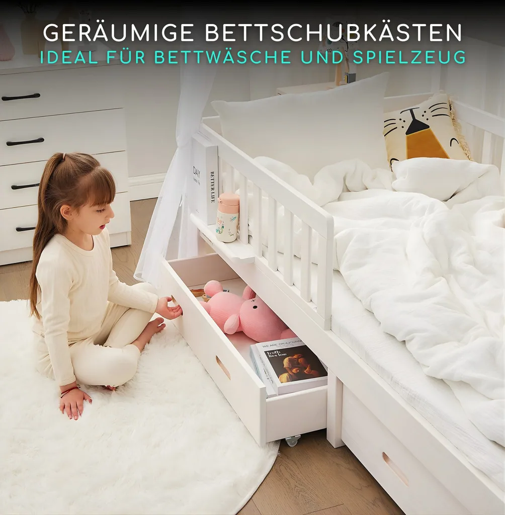 Alavya Home Hausbett CLOUD 90 x 200 cm Komplett-Set – Musselin Dekoset Weiß + Schublade 90 x 200 cm + Kindermatratze COZY 90 x 200 cm (Kaltschaum)