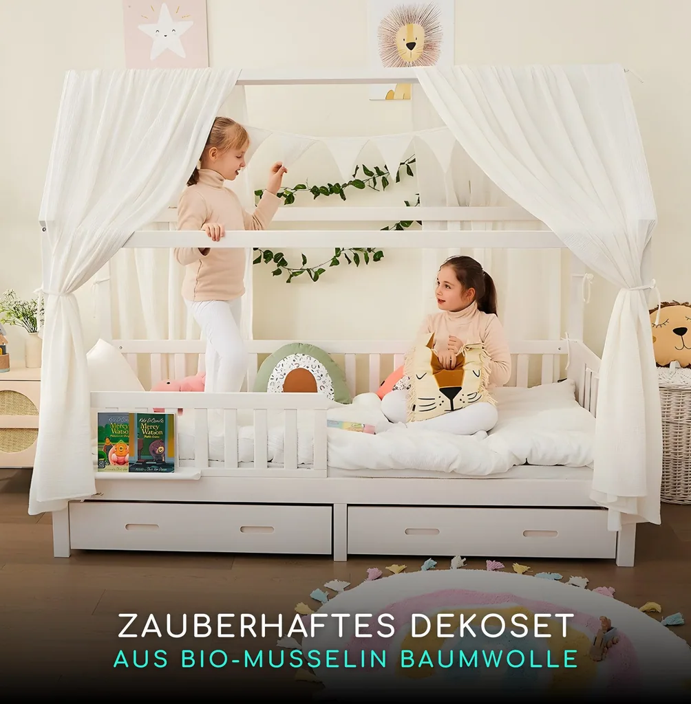 Alavya Home Hausbett CLOUD 90 x 200 cm Komplett-Set – Musselin Dekoset Weiß + Schublade 90 x 200 cm + Kindermatratze COZY 90 x 200 cm (Kaltschaum)