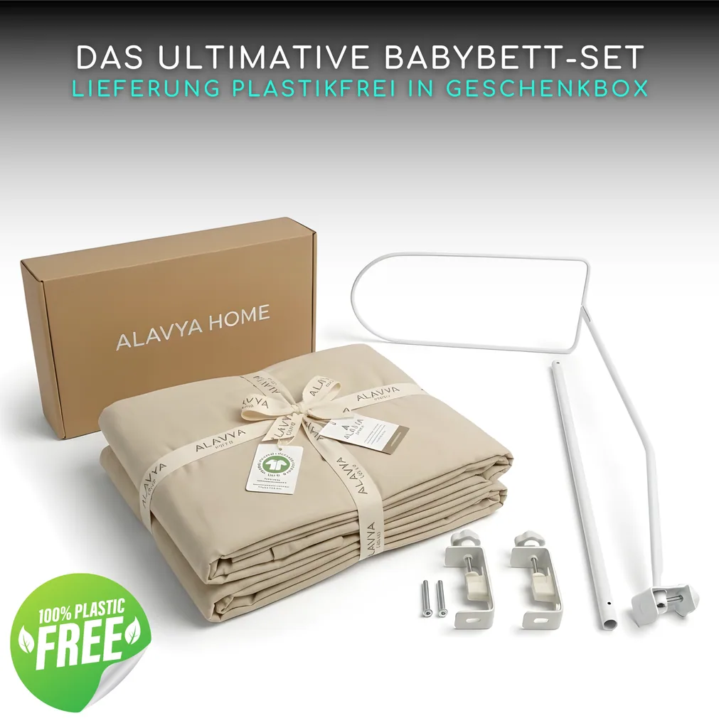 Alavya Home Babybett Betthimmel mit Himmelstange 150x240 cm Bio-Baumwolle - Beige