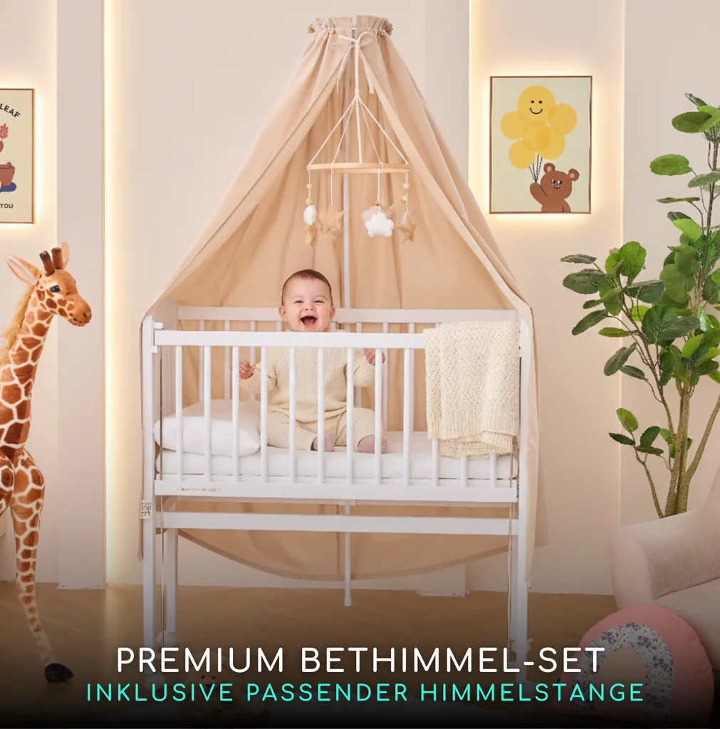 Alavya Home Babybett Betthimmel mit Himmelstange 150x240 cm Bio-Baumwolle - Beige