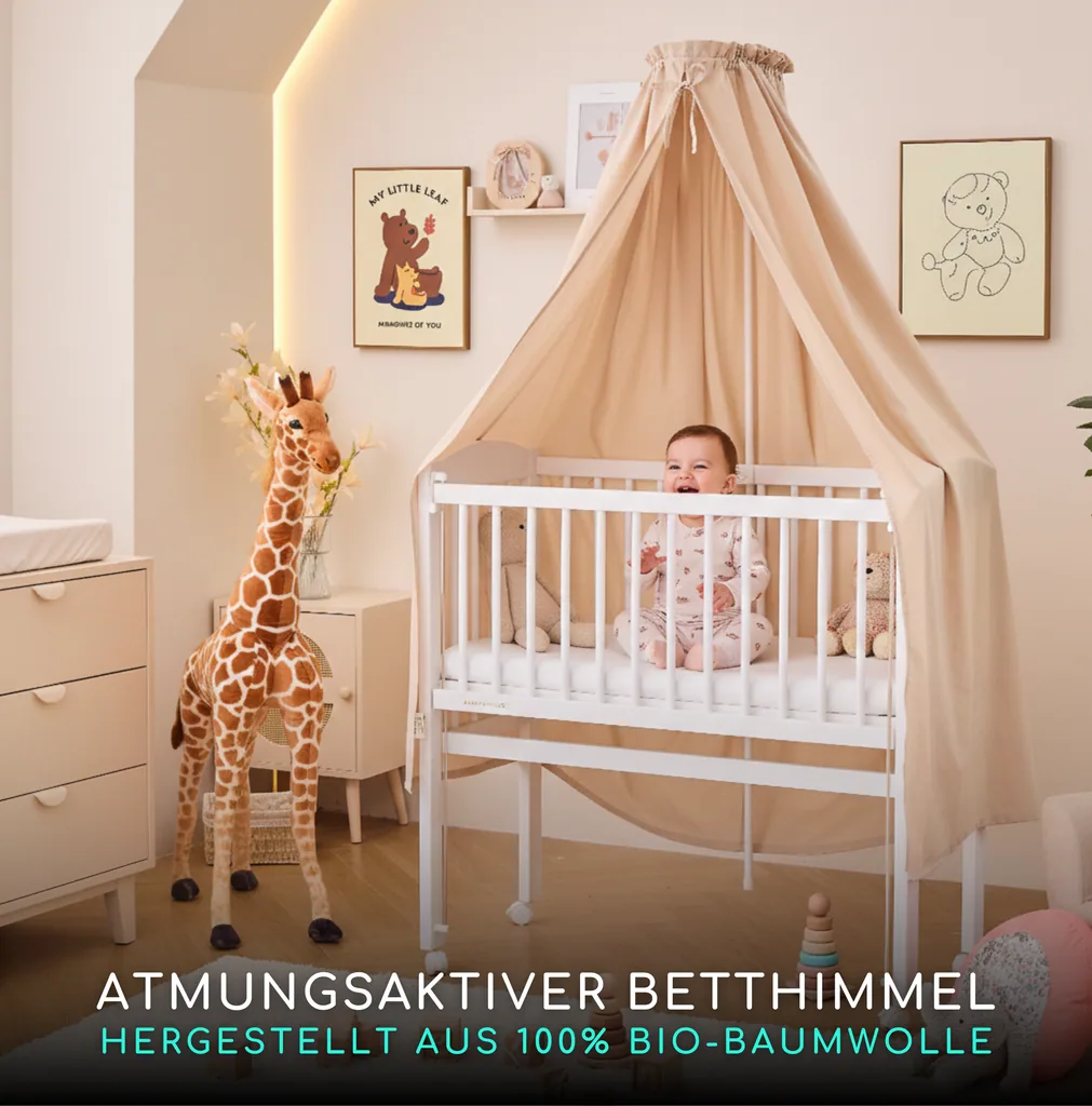 Alavya Home Babybett Betthimmel mit Himmelstange 150x240 cm Bio-Baumwolle - Beige