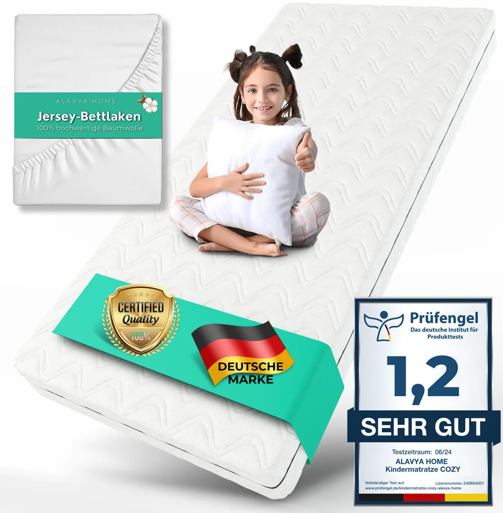 Alavya Home Kindermatratze COZY 80x180 cm Kaltschaum inkl. Spannbettlaken – 2-teiliges Set, Weiß