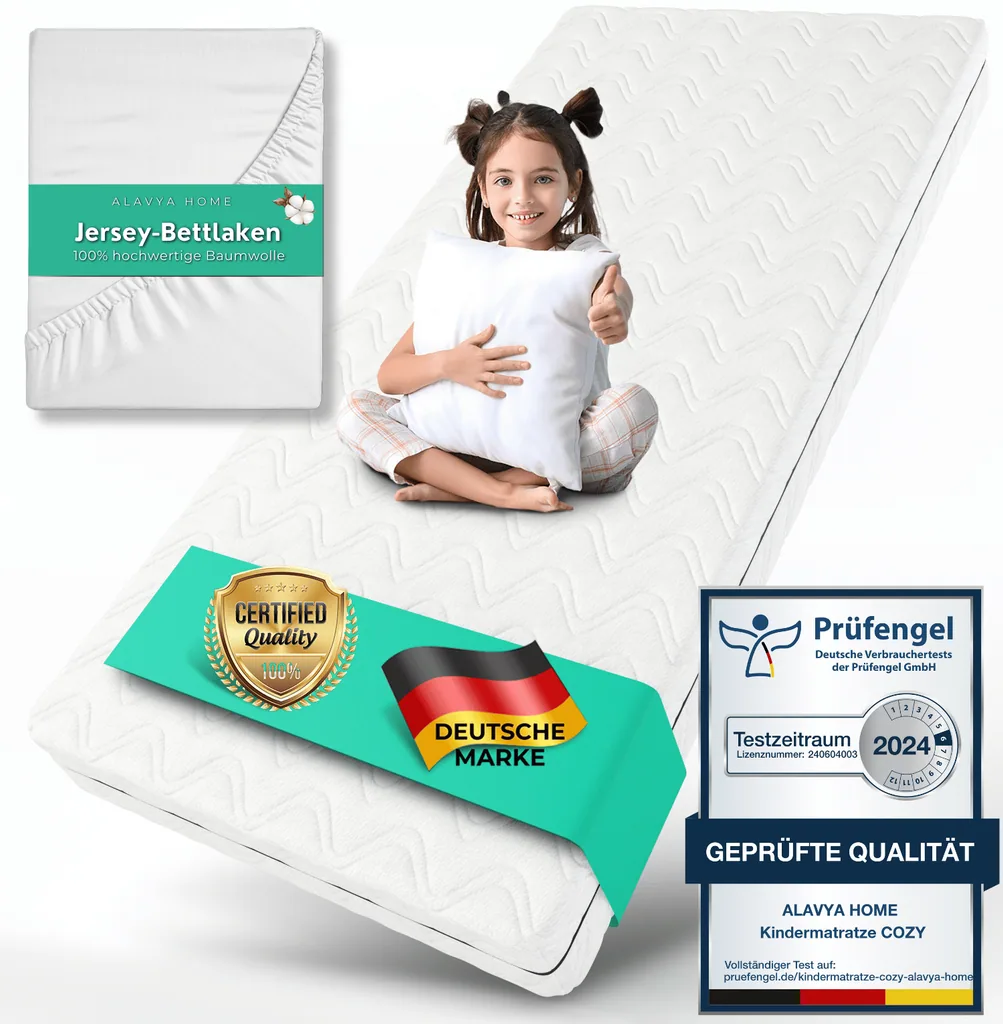 Alavya Home Kindermatratze COZY 80x180 cm Kaltschaum inkl. Spannbettlaken – 2-teiliges Set, Weiß