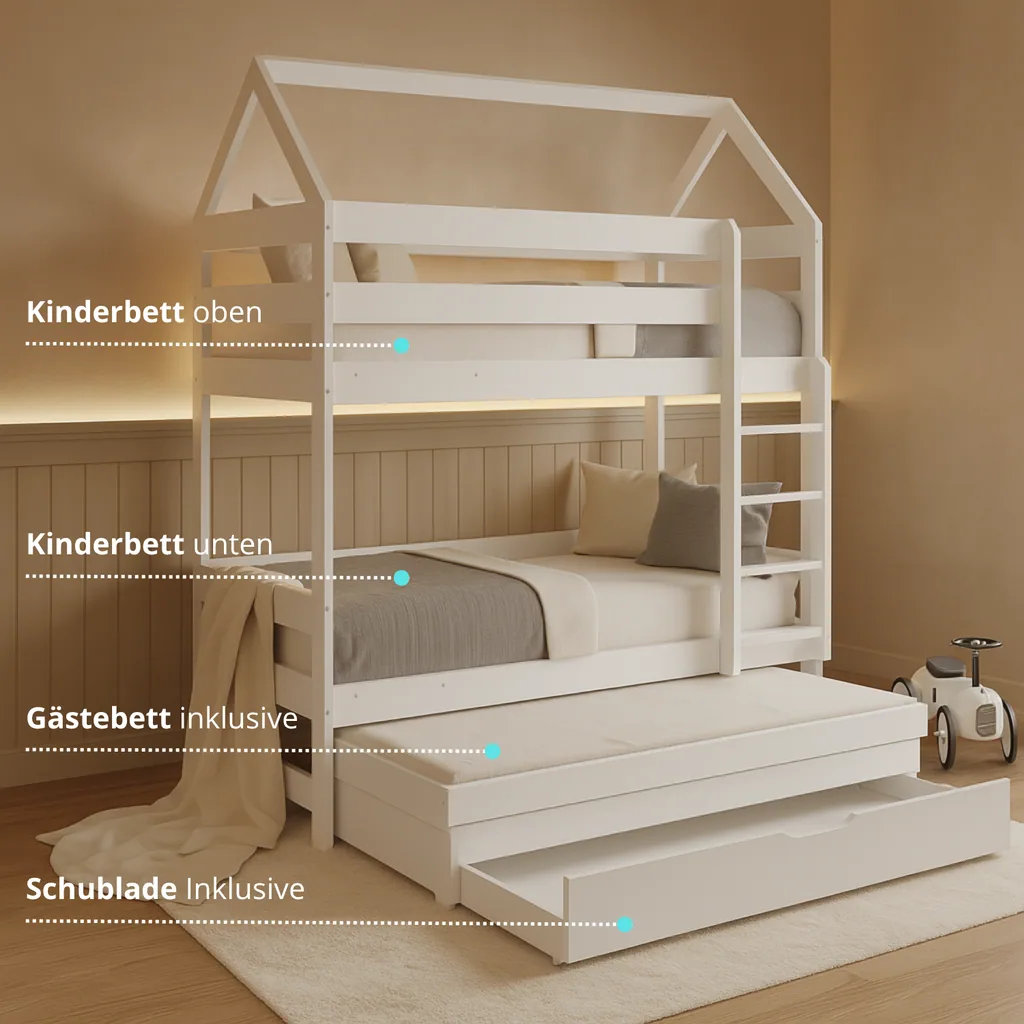 Alavya Home Etagenbett CASA mit Gästebett 80x160 cm Kiefer - Weiß