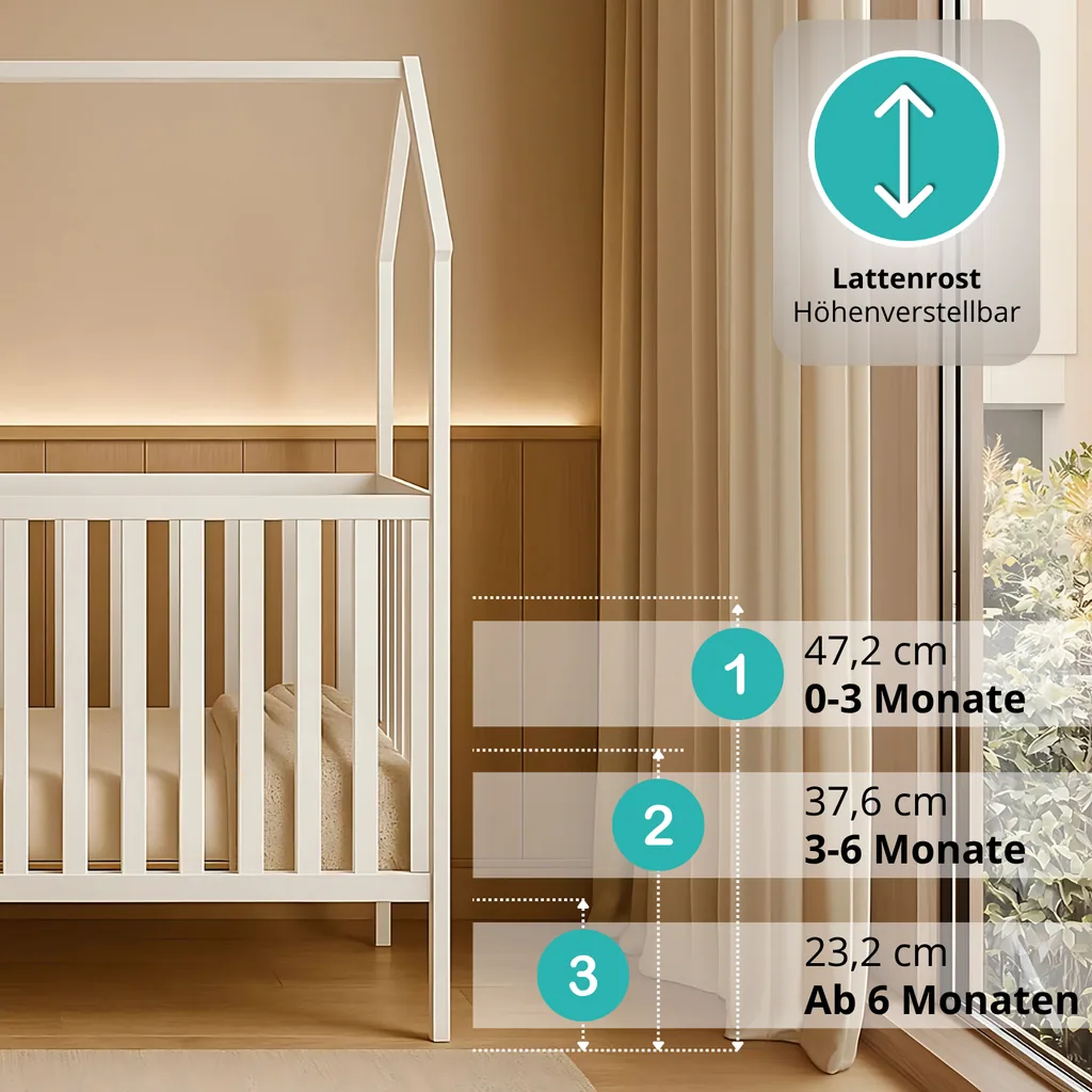 Alavya Home Babybett ELLA 70x140 cm Kiefer - Weiß mit Matratze COZY – 2-teiliges Set