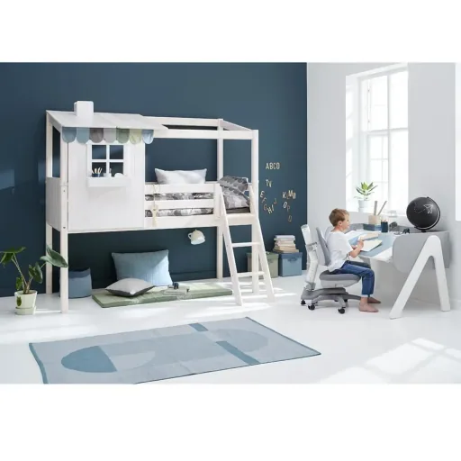 Flexa halbhohes Bett Haus mit halbem Dach weiss braun