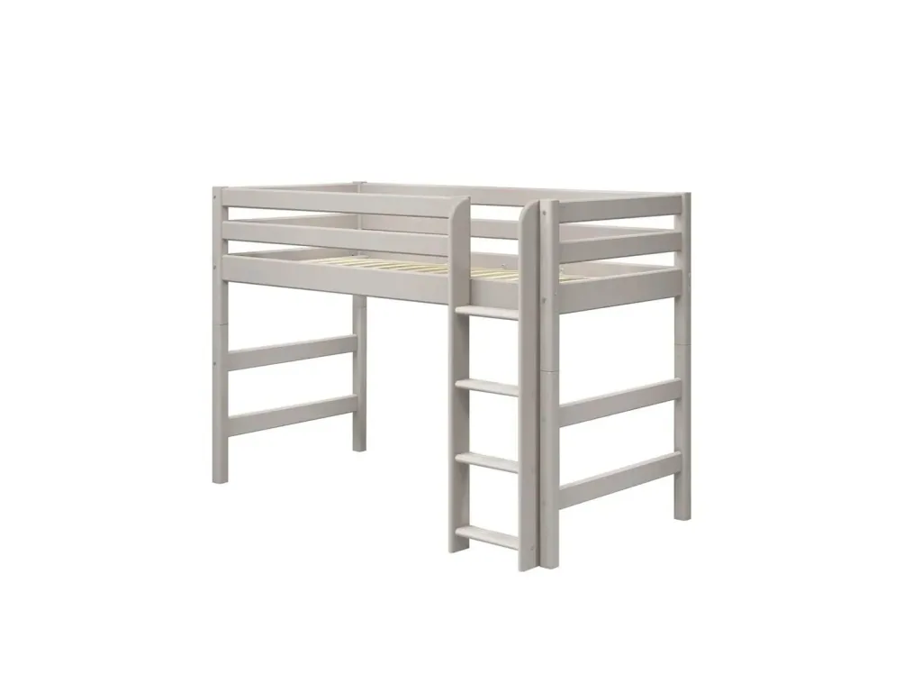FLEXA Etagenbett, Hochbett, Mittelhohes Bett mit gerader Leiter - Massivholz Kiefer, 90x200 cm, Platzsparende Lösung, Farbe: Grau gewaschene Kiefer