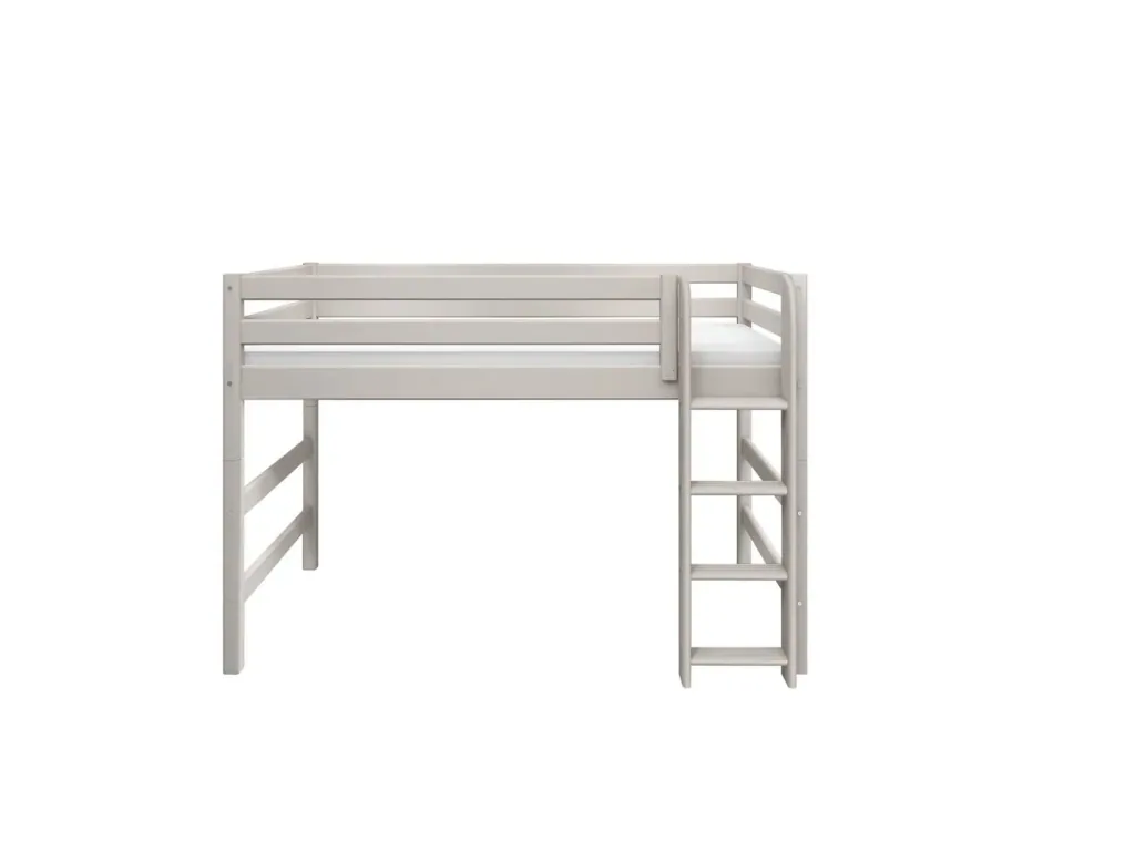 FLEXA Etagenbett, Hochbett, Mittelhohes Bett mit gerader Leiter - Massivholz Kiefer, 90x200 cm, Platzsparende Lösung, Farbe: Grau gewaschene Kiefer