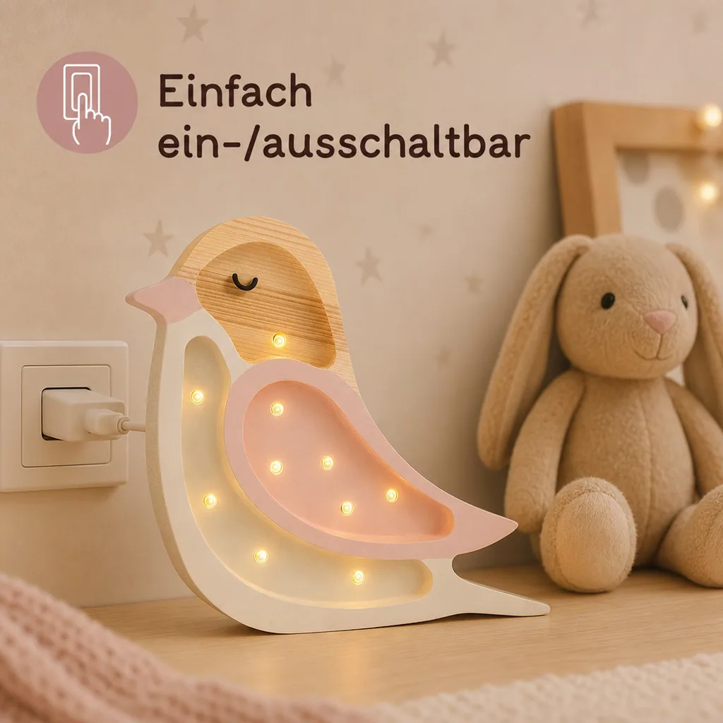 Little Lights Nachtlicht Kinder, Nachtlampe Mini-Vogel - 100% Kiefernholz natur, Farbe: Erdbeercreme