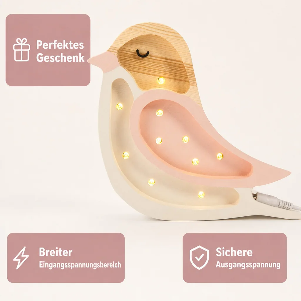 Little Lights Nachtlicht Kinder, Nachtlampe Mini-Vogel - 100% Kiefernholz natur, Farbe: Erdbeercreme