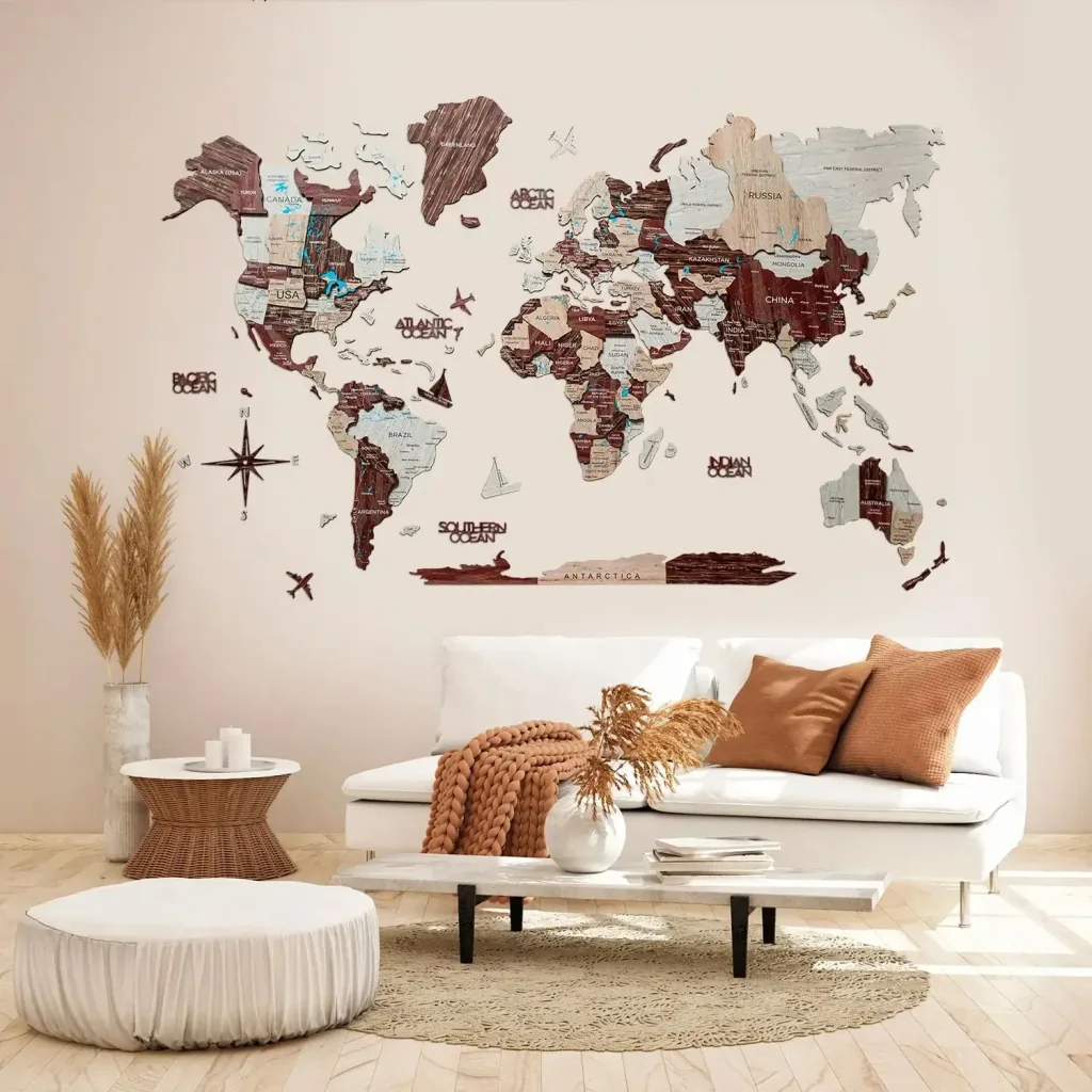 Weltkarte Holz, Landkarte Welt, Weltkarte Wanddeko 3D - Enjoy The Wood, Cappuccino Prime, Weltkarte Größe: L